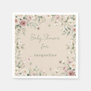 Serviette En Papier Fête Bébé Fille à Bee Rose Fleurs Taupe et Rose