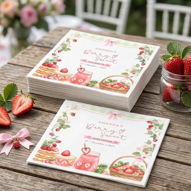 Serviette En Papier Fête bébé Fraises Sucrées Ruban Rose (Créateur téléchargé)