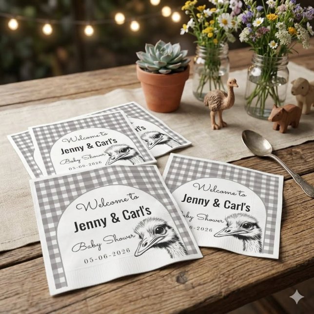 Serviette En Papier Fête bébé Ostrich Gingham Gris (Créateur téléchargé)