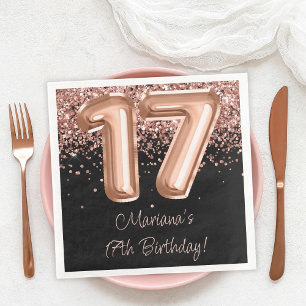 Serviette En Papier Fête d'anniversaire 17 ans Rose Gold Black