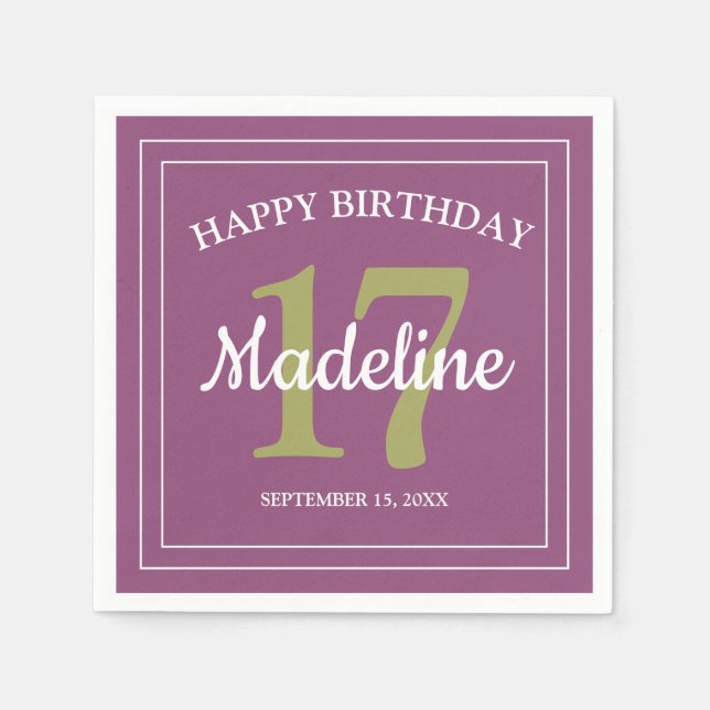 Serviette En Papier Fête d'anniversaire 17 ans Violet Vert ou tout âge (Devant)