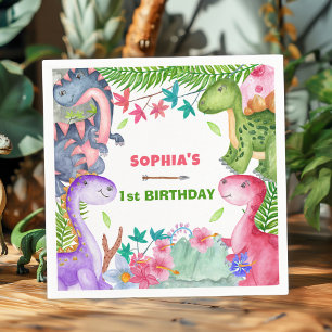 Serviette En Papier Fête d'anniversaire 1 an dinosaure fille mignonne