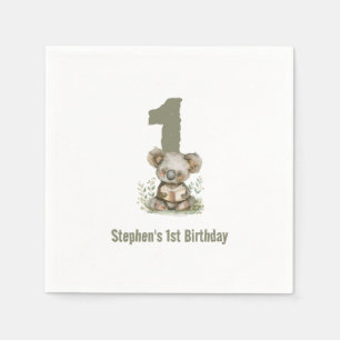Serviette En Papier Fête d'anniversaire 1 an Ourson Koala Vert Sauge M