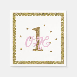 Serviette En Papier Fête d'anniversaire 1 UN 1er Rose & Paillettes dor