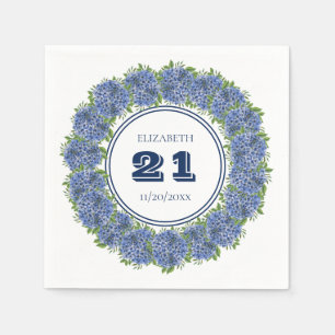 Serviette En Papier Fête d'anniversaire 21 ans Élégante Hydrangea Bleu