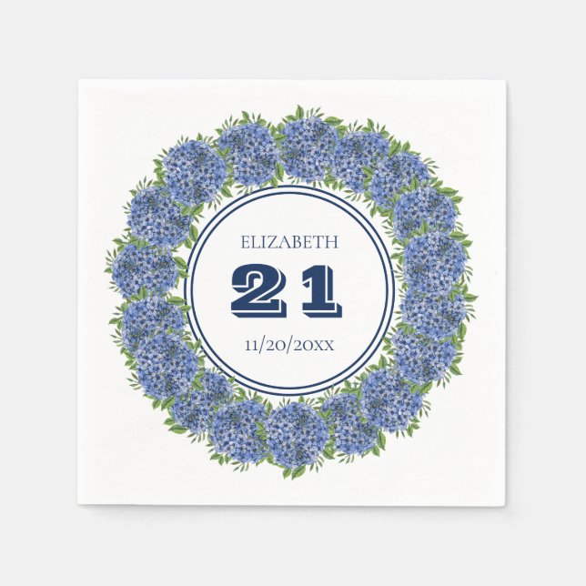Serviette En Papier Fête d'anniversaire 21 ans Élégante Hydrangea Bleu (Devant)