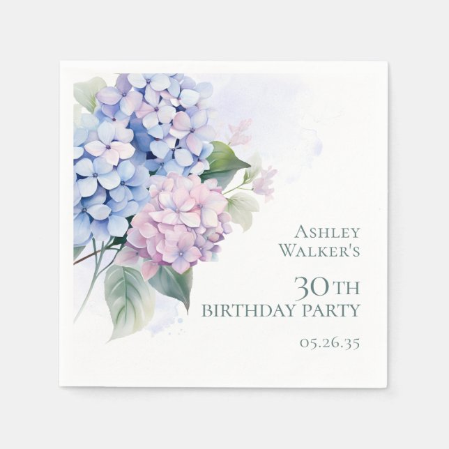 Serviette En Papier Fête d'anniversaire 30 ans aux Hydrangeas Bleu Ros (Devant)