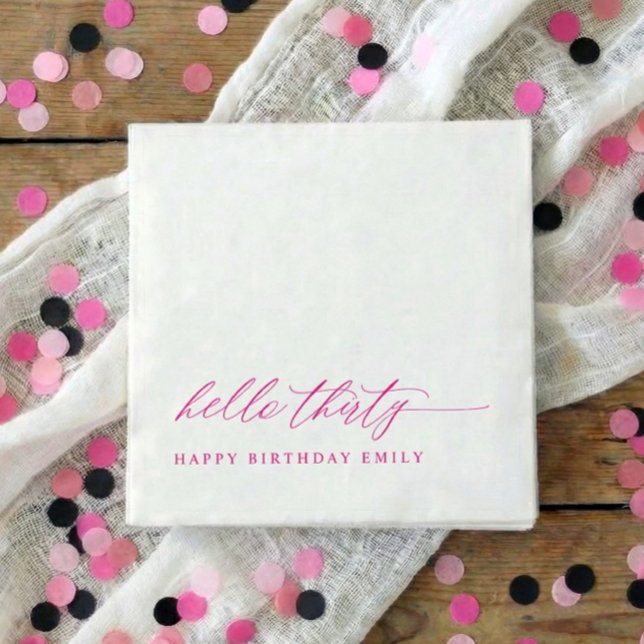 Serviette En Papier Fête d'anniversaire 30 ans Hello 30 Moderne Rose (Pink hello 30 elegant script 30th birthday party napkins)