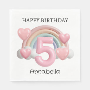 Serviette En Papier Fête d'anniversaire 3D Arc-en-ciel et Cœurs 5 ans