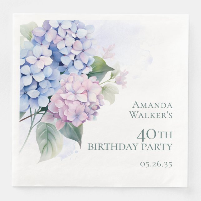 Serviette En Papier Fête d'anniversaire 40 ans aux Hydrangeas Rose Ble (Devant)