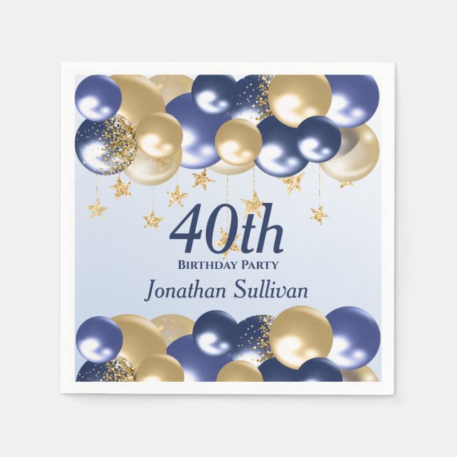 Serviette En Papier Fête d'anniversaire 40 ans ballons dorés et bleus  (Devant)
