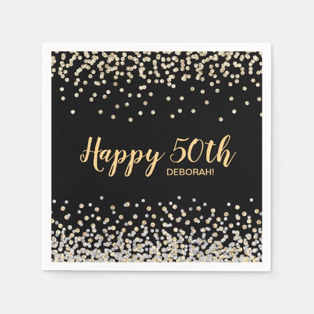 Serviette En Papier Fête d'anniversaire 50 ans confettis Or Argent (Devant)