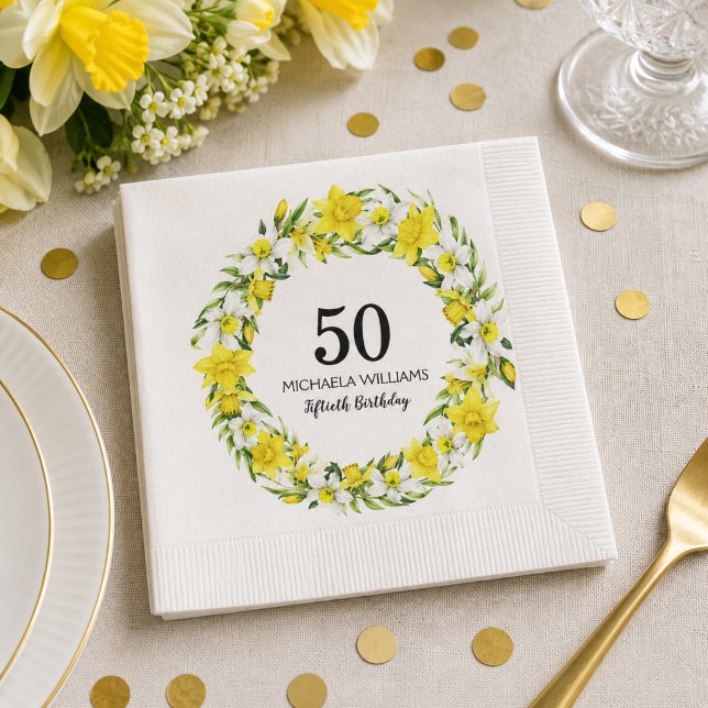 Serviette En Papier Fête d'anniversaire 50 ans Jonquille Jaune (Add Name / edit text to personalize as required.  Matching items available)