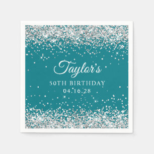 Serviette En Papier Fête d'anniversaire 50 ans Paillettes Argent Turqu