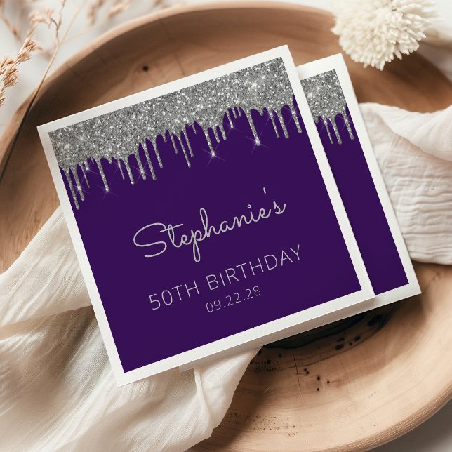 Serviette En Papier Fête d'anniversaire 50 ans Purple Silver Glitter D (Créateur téléchargé)