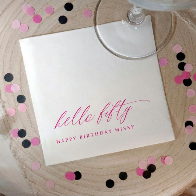 Serviette En Papier Fête d'anniversaire 50 ans Rose Chaud Hello 50 Mod (Pink hello 50 stylish script 50th birthday party napkins)