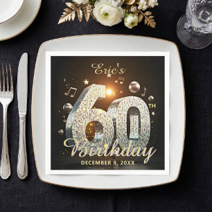 Serviette En Papier Fête d'anniversaire 60 ans boule disco noire or mu