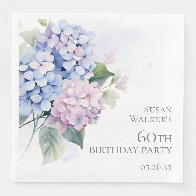 Serviette En Papier Fête d'anniversaire 60 ans Hydrangeas Bleu Rose (Devant)