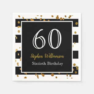 Serviette En Papier Fête d'anniversaire 60 ans Paillettes noires blan