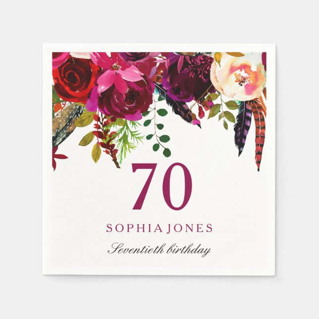 Serviette En Papier Fête d'anniversaire 70 ans Boho Floral Rose et Bor (Devant)