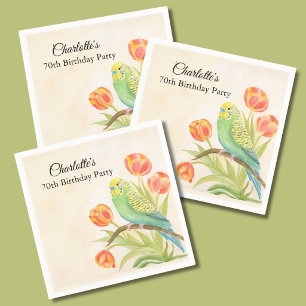 Serviette En Papier Fête d'anniversaire 70 ans Perruche aux tulipes 