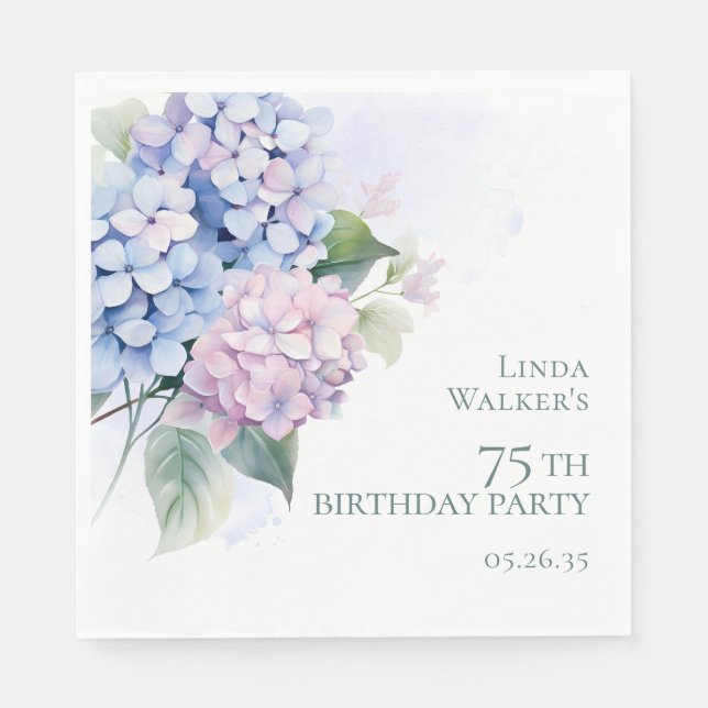 Serviette En Papier Fête d'anniversaire 75 ans aux Hydrangeas Rose Ble (Devant)