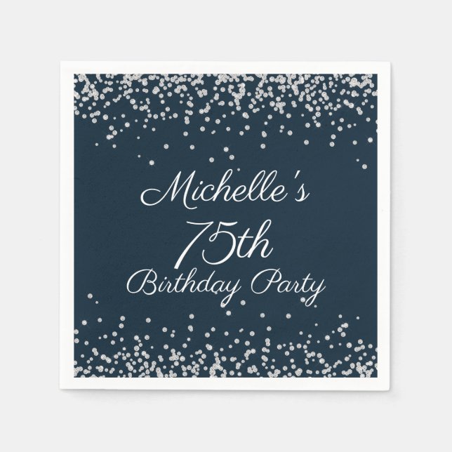 Serviette En Papier Fête d'anniversaire 75 ans Navy Blue Silver Glitte (Devant)
