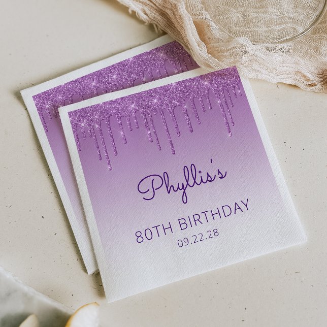 Serviette En Papier Fête d'anniversaire 80 ans Fun Purple Glitter Drip (Créateur téléchargé)