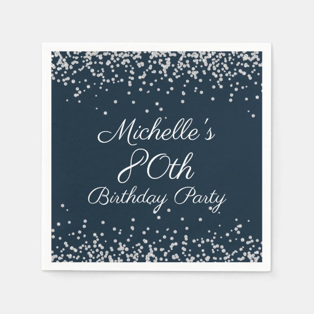 Serviette En Papier Fête d'anniversaire 80 ans Navy Blue Silver Glitte (Devant)