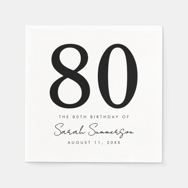 Serviette En Papier Fête d'anniversaire 80 ans Noir Blanc Nom Date (Devant)