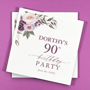 Serviette En Papier Fête d'anniversaire 90 ans écriture florale violet