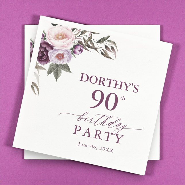 Serviette En Papier Fête d'anniversaire 90 ans écriture florale violet (Créateur téléchargé)