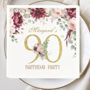 Serviette En Papier Fête d'anniversaire 90 ans Élégant Or Bourgogne &