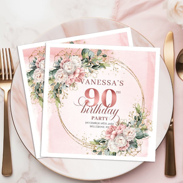 Serviette En Papier Fête d'anniversaire 90 ans Floral Bohème Rose Clai (Light Pink Bohemian Floral 90th Birthday Party Napkins)