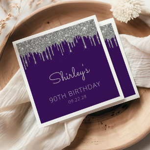 Serviette En Papier Fête d'anniversaire 90 ans Purple Silver Glitter D