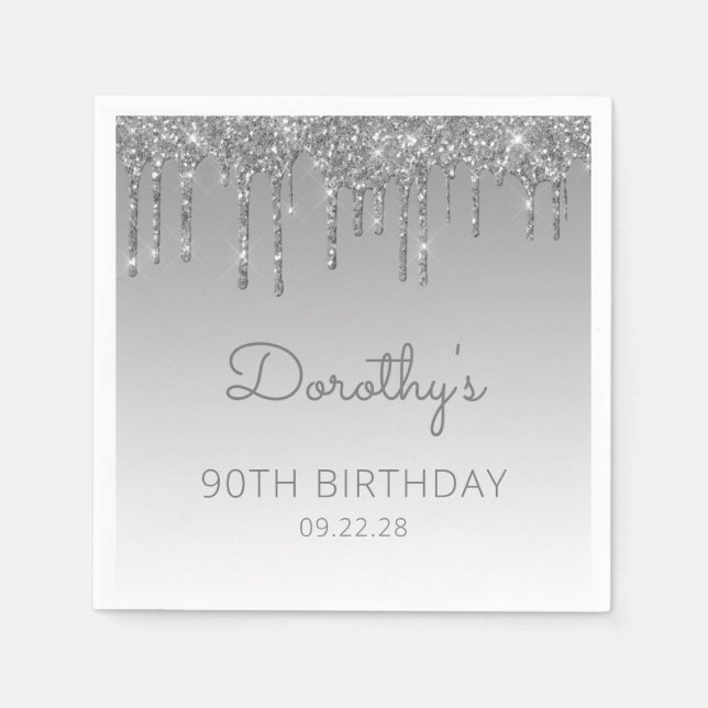 Serviette En Papier Fête d'anniversaire 90 ans Silver Glitter Drip (Devant)