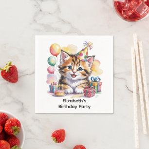 Serviette En Papier Fête d'anniversaire à l'aquarelle de chaton mignon