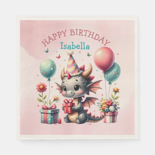 Serviette En Papier Fête d'anniversaire à thème du dragon de fille (Devant)