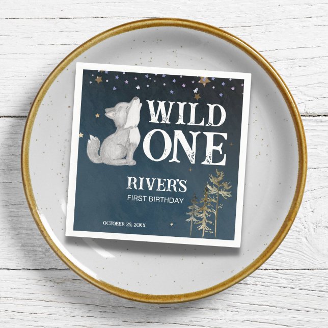 Serviette En Papier Fête d'anniversaire à thème petit loup sauvage un (Little wolf pup wild one birthday party personalized napkins wolf themed birthday party supplies)