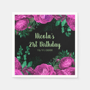 Serviette En Papier Fête d'anniversaire aux fleurs rose vif élégantes