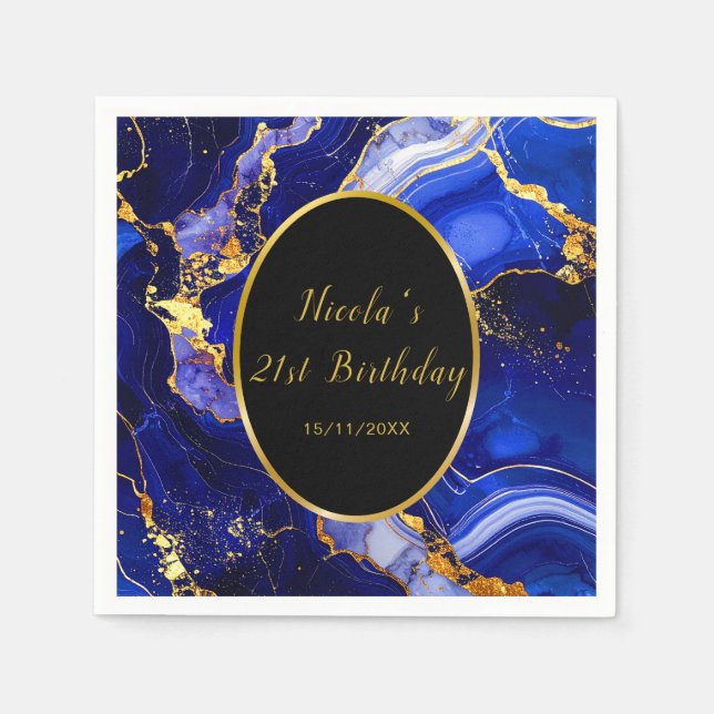 Serviette En Papier Fête d'anniversaire avec marbre d'agate bleu royal (Devant)