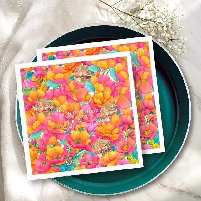 Serviette En Papier Fête d'anniversaire boule disco florale rose vif o (Créateur téléchargé)
