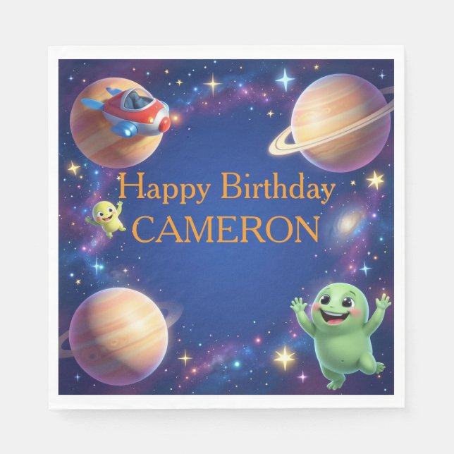 Serviette En Papier Fête d'anniversaire d'aliens mignons de l'espace (Devant)