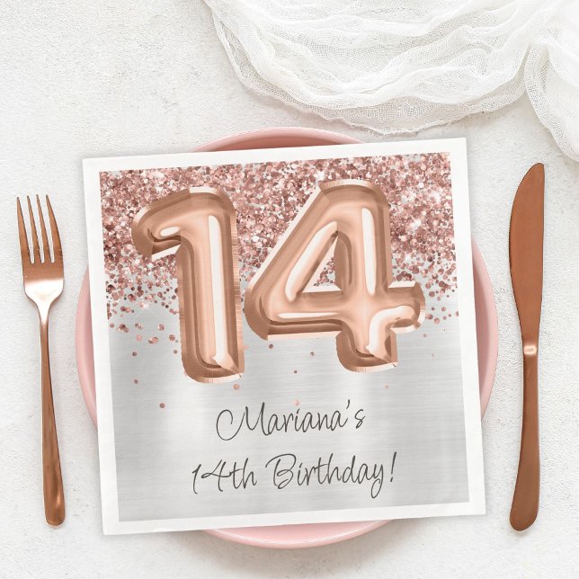 Serviette En Papier Fête d'anniversaire de 14 ans Rose Gold Argent (Créateur téléchargé)