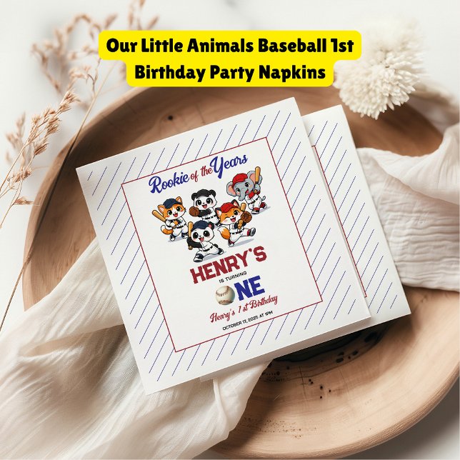 Serviette En Papier Fête d'anniversaire de 1 an de baseball Nos Petits (Our Little Animals Baseball 1st Birthday Party napkins
)