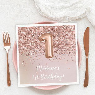 Serviette En Papier Fête d'anniversaire de 1 an pour fille en Rose Gol