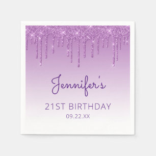 Serviette En Papier Fête d'anniversaire de 21 ans Chic Purple Glitter