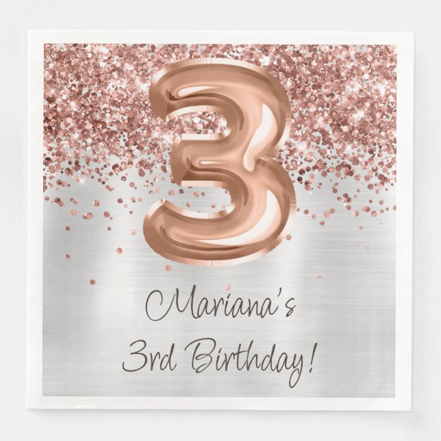 Serviette En Papier Fête d'anniversaire de 3 ans Rose Gold (Devant)