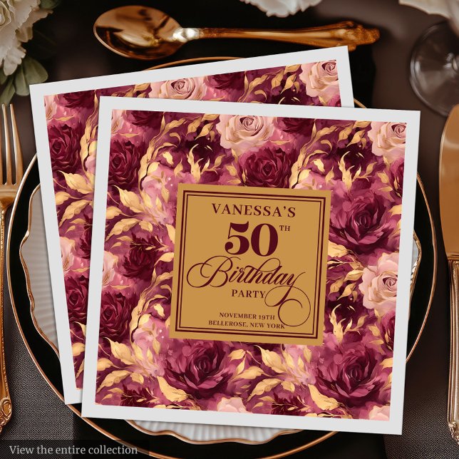 Serviette En Papier Fête d'anniversaire de 50 ans avec des roses dorée (Elegant Burgundy Blush Gold Floral 50th Birthday Napkins)