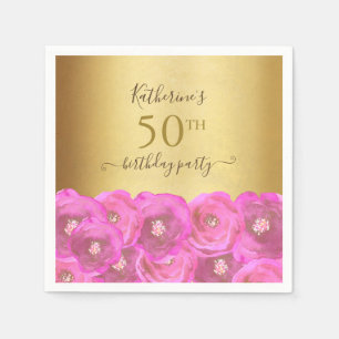 Serviette En Papier Fête d'anniversaire de 50 ans Chic Rose Florale Or